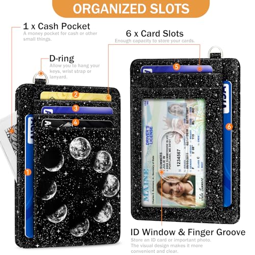 Yonlevres Credit Card Holder Slim Wallet, Moon Lunar Black RFID Wallet Women Front Pocket Small Card Holder, Travel Cute Funny Thin Card Case ID Window PU Leather RFID Blocking Card Organizer Gifts - color: Moon