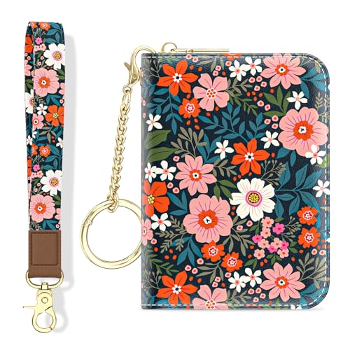 Aiawoxc Credit Card Holder, Small RFID Wallet Slim Leather Card Organizer Case with Zipper and Wristlet Strap, Cute Flowers - color: B-Cute Flowers, size: Wrist Strap