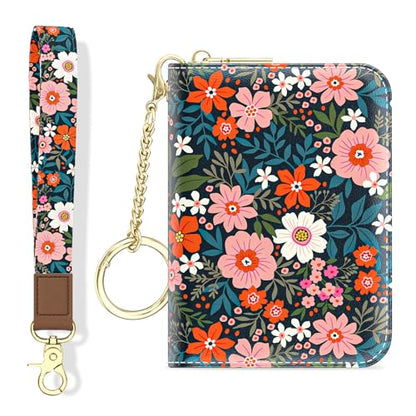 Aiawoxc Credit Card Holder, Small RFID Wallet Slim Leather Card Organizer Case with Zipper and Wristlet Strap, Cute Flowers - color: B-Cute Flowers, size: Wrist Strap