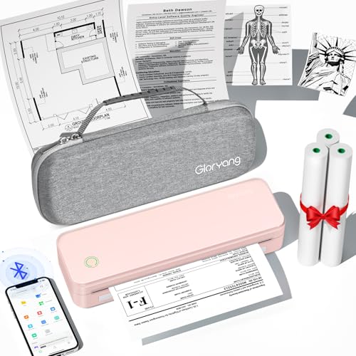Gloryang Inkless Portable Printer for Travel, Wireless Thermal Printer Supports 8.5 x 11 Inch US Letter Size, Bluetooth Machine Includes Carry Case and 3 Rolls of Thermal Paper Kit, Pink - color: Pink