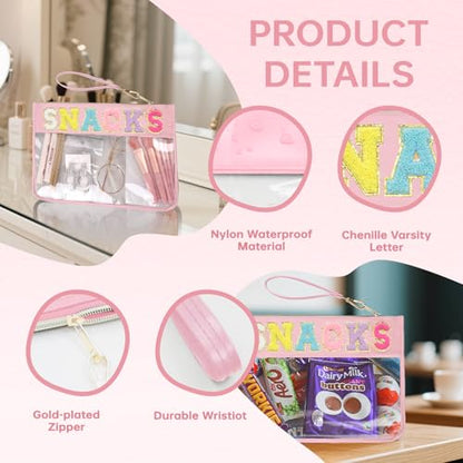 Clear Zipper Pouch for Travel Snacks Bag Nylon Clear Cosmetic Bag Makeup Travel Bag for Women with Glitter Patch Letters (Pink-Snacks) - color: FS-SNACKS