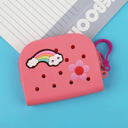 Soft Silicone Mini Coin Purse with Zipper and Cartoon Hole,with 15 pcs DIY Charms. Portable Keychain Pouch Organizer (Pink) - color: Pink