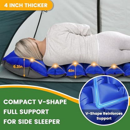 Camping Sleeping Pad 4-Inch Thick with Foot Pump & Pillow, Inflatable Sleeping Mat for Side Sleepers, Stays Firm All Night, Lightweight for Hiking, Backpacking & Tent Camping - color: Royal Blue+gray