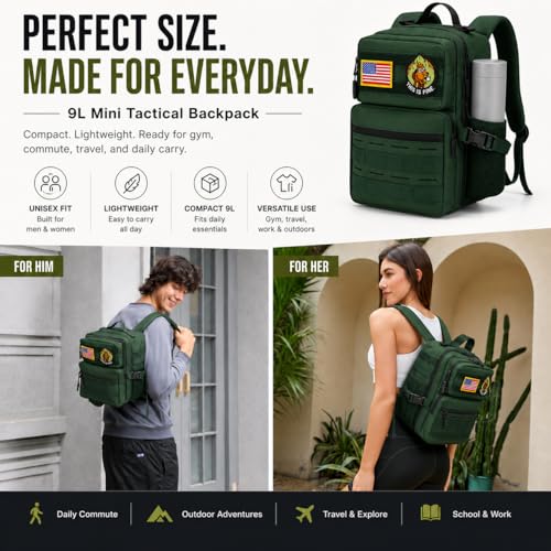 9L Mini Tactical Backpack for Men Women,Small Military Tactical Backpack for Sport,Gym,Hiking,Travel,Camping (Army Green) - color: Army Green