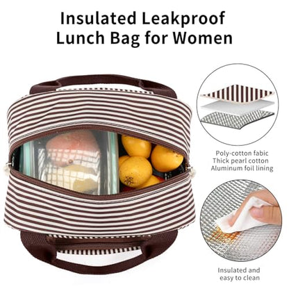 Lunch Bag Women Lunch Box for Women Adult Cute Insulated Lunch Bag Small Cooler Lunch Tote Bags for Work Picnic Travel (Coffee Stripes) - color: Coffee Stripes