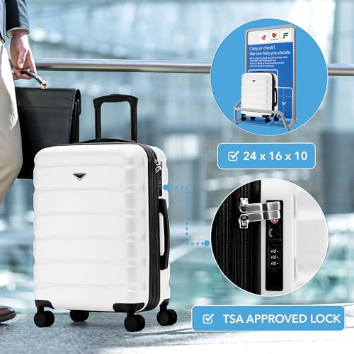 Flight Knight 24x16x10 Expandable Carry On Suitcase Hardside TSA Lock USB C Lightweight Luggage Silent Double Spinner Wheels Maximum Overhead Carry-On Bag For Virgin South West Approved White - color: White, size: 24x16x10"
