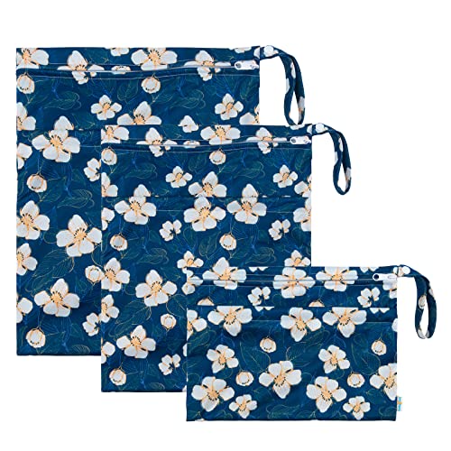 babygoal Wet Dry Bags for Baby Cloth Diapers, Washable Travel Bags, Beach, Pool, Gym Bag for Swimsuits & Wet Clothes with Two Zippered Pockets 3 Pack(S,M,L), 3SML02 - color: Flower 01