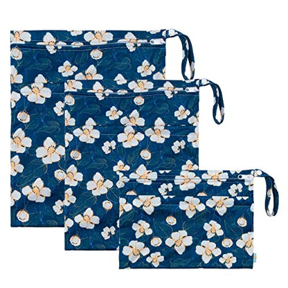 babygoal Wet Dry Bags for Baby Cloth Diapers, Washable Travel Bags, Beach, Pool, Gym Bag for Swimsuits & Wet Clothes with Two Zippered Pockets 3 Pack(S,M,L), 3SML02 - color: Flower 01