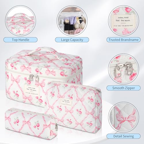 senbowe Floral Makeup Bag, 3 Pack Large Cotton Quilted Pink Bow Makeup Bag Set, Cute Floral Coquette Aesthetic Toiletry Bag Make Up Cosmetic Bag for Women, Toiletry Travel Make Up Organizer Bag - color: Pink Bow