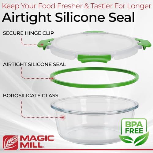 Magic Mill Premium Borosilicate Glass Food Storage Containers with lids Set | 24pc Sets with 12 Bowls & 12 Airtight Locking Lids for Lunch & Meal Prep, Safe for Oven, Freezer, Dishwasher, BPA-Free - color: Green