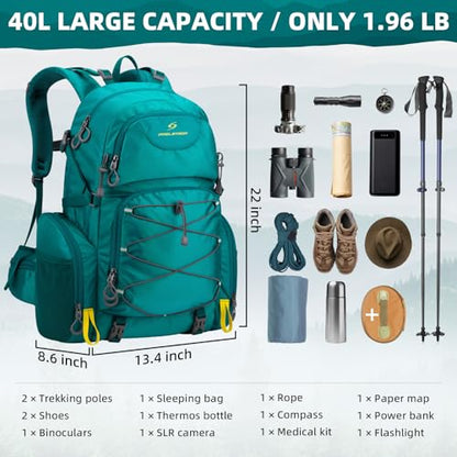 Maelstrom Hiking Backpack, 40L Waterproof Camping Daypack for Men and Women, Lightweight Travel Pack with Rain Cover (Green) - color: Green