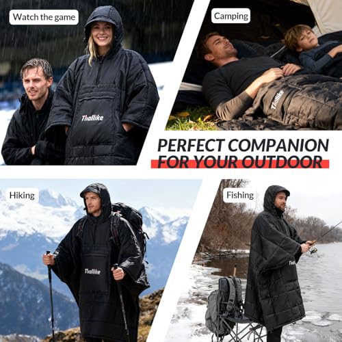 Camping Blanket with Zipper Pocket, 85'' x 61'' Large Wearable Hooded Blanket, Ultralight Warm Sleeping Bag, Windproof Camping Poncho for Outdoor Stadium Sports Gaming Hiking Picnic Concerts - color: Black