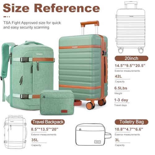 Luggage Sets 3 Piece with Spinner Wheels, Lightweight PC Hardside Suitcase with TSA Lock & YKK Zippers, 20 Inch Carry On Luggage with Travel Bag for Men and Women, Green - color: Green, size: 3 Piece Set (20inch)