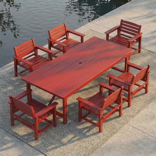 Outdoor HDPE Dining Set 7 Pieces, Patio Table with Umbrella Hole and 6 Chairs, All Weather Patio Furniture for Lawn, Garden, Backyard, Deck, Poolside, Outdoor Dining Table and Chairs, Red - color: Red, size: 7-Piece (1 Table + 6 Chairs)