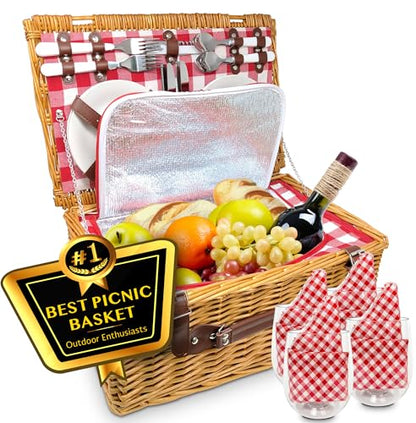 Nature Gear Picnic Basket, Wicker Basket with Handle for Outdoors, Insulated Woven Basket, Includes a Service Kit of Dinnerware & Wine Glasses, Picnic Basket Set for 4, Red & White - color: Red & White