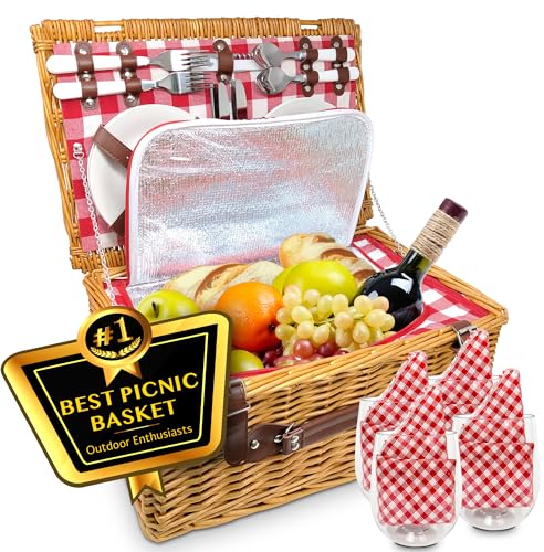 Nature Gear Picnic Basket, Wicker Basket with Handle for Outdoors, Insulated Woven Basket, Includes a Service Kit of Dinnerware & Wine Glasses, Picnic Basket Set for 4, Red & White - color: Red & White