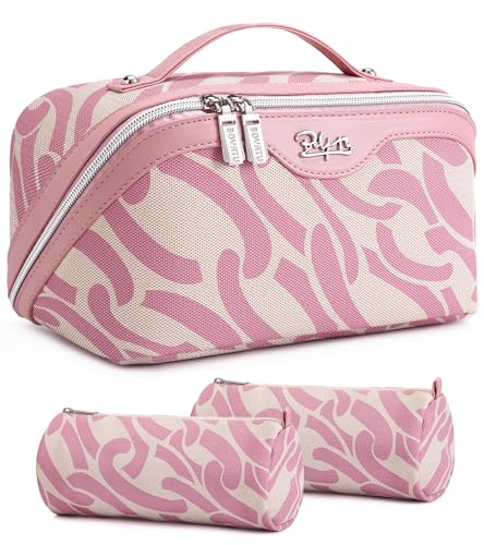 BOYATU Travel Makeup Bag for Women: Large Capacity 3-Piece Cosmetic & Toiletry Organizer - Expands Storage by 50% with 2 Detachable Pouches,Opens Flat for Easy Packing,Waterproof PU Leather(Pink) - color: A-2-Pink