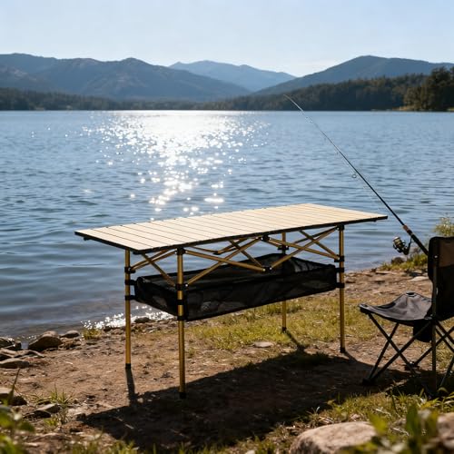 Outdoor Folding Table, 7.93LBS Ultralight Camping Table with Built-in Storage & Carry Bag, 225LBS Heavy Duty Aluminum Tabletop Carbon Steel Frame for Camping, Picnic, Beach, BBQ - color: Yellow