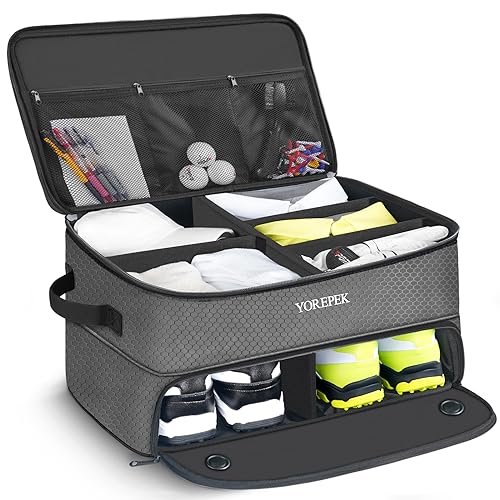 YOREPEK 2 Layer Golf Trunk Organizer, Golf Gifts for Men with Separate Ventilated Compartment for 2 Pair Shoes, Waterproof Car Trunk Locker for Balls, Tees, Clothes, Gloves, Gifts for Golfers - color: Large-Grey