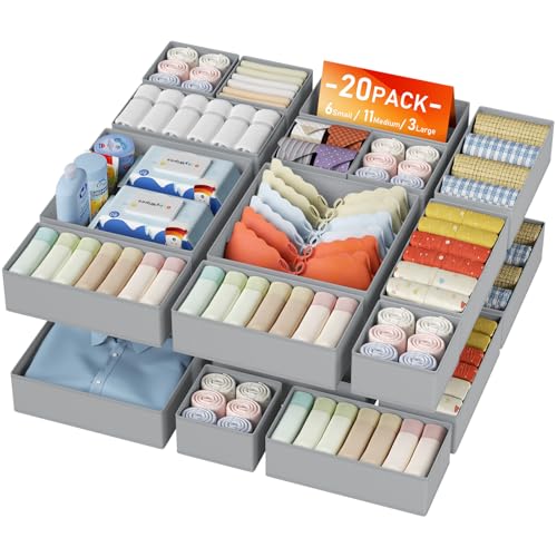 DIMJ Drawer Organizer Clothes - 20 Pack Closet Drawer Organizer Bins for Baby Clothes Storage, Fabric Dresser Organizer for Nursery Bedroom, Foldable Small Drawer Dividers for Underwear Socks - color: Gray, size: 20 Pack
