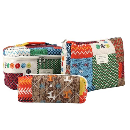 3PCS Coquette Makeup Bag,Quilted Cosmetic Bag Large Make Up Bag Set,Quilted Portable Toiletry Organizer Bag,Cotton Travel Skincare Bag for Women Girls(04-Boho) - style: 04-boho Quilted