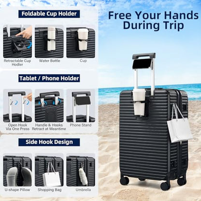 HanTrip Hard Shell Suitcases 24 Inch Check in Luggage with Spinner Wheels Cup Holder, Lightweight Top Opening Expandable Luggage Hard Case Rolling Medium Checked Suitcase with Lock, Black - color: Black, size: Expandable 24 Inch