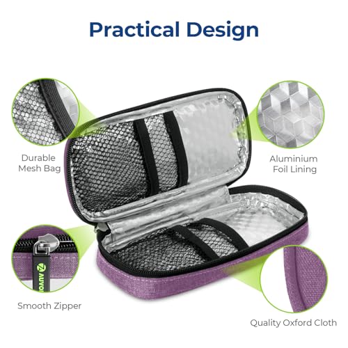 AUVON Insulin Pen Cooler Travel Case with 2 * 90g TSA Approved Ice Packs, Diabetic Medication Insulated Cooling Bag for Insulin Pens and Diabetic Supplies Storage, Compact for Daily Life and Trips - color: Purple