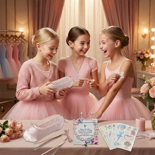 Ballet Slipper Pouch Makeup Bag Dance Recital Gifts for Girls Dancer Ballerina Accessories Gifts Set Necklace Bracelet Sticker - color: Pink-Set1