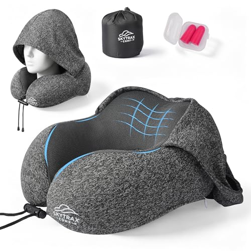 SkytraxComf® Travel Neck Pillow with Hood for Privacy on Long Flights | Memory Foam | Airplane Sleep | Safety-Tested Materials | Extra Large Hood | Chin Support | Earplugs | Washable Cover - color: Grey