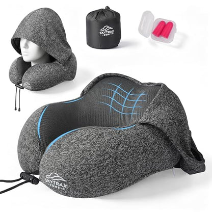 SkytraxComf® Travel Neck Pillow with Hood for Privacy on Long Flights | Memory Foam | Airplane Sleep | Safety-Tested Materials | Extra Large Hood | Chin Support | Earplugs | Washable Cover - color: Grey