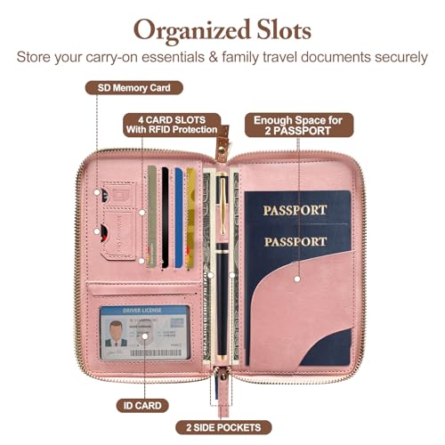 Family Passport Holder for Travel Women and Men RFID Passport Holder with Zipper Passport Case Passport cover Passport Wallet Travel Essentials and Accessories(1-2,Pink) - color: Pink 1