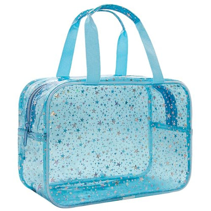 Clear Blue Star Large Makeup Bag with Star Pattern 12x5x8 inch, Travel Cosmetic Bag with Handle, Durable PVC Material Washbag Zipper Opening Design for Makeup Travel Organizer or Gym Use - color: Blue, style: Star