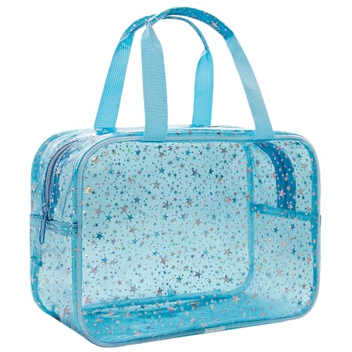 Clear Blue Star Large Makeup Bag with Star Pattern 12x5x8 inch, Travel Cosmetic Bag with Handle, Durable PVC Material Washbag Zipper Opening Design for Makeup Travel Organizer or Gym Use - color: Blue, style: Star