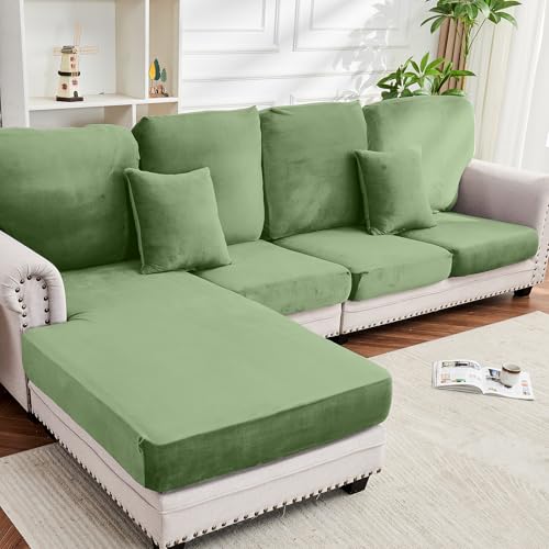 Couch Cover 8-Piece Elastic Velvet Couch Cushion Covers & Chaise Slipcovers for L-Shaped Sofas, Sofa Seat Covers Washable, Soft Cover for Couches (7 Seater + Chaise, Avocado Green) - color: Avocado Green, size: 4 Backrest + 3 Seater + 1 Chaise