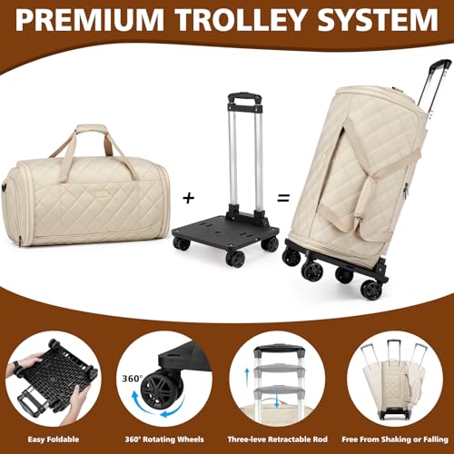 Rolling Garment Bags for Travel - Carry on Convertible Garment Duffle Bags with Wheels for Men Women, 4 in 1 Large Travel Duffel Bags with Shoes Compartment Hanging Suit Dress Weekender Bag 4pcs Set - color: Khaki