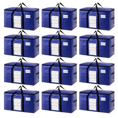 TAILI 12 Pack Dark Blue Extra Large Moving Bags, Heavy Duty Totes with Visible Window, Wrap Around Handles, Great for Space-Saving - color: Dark Blue, size: 12 Large