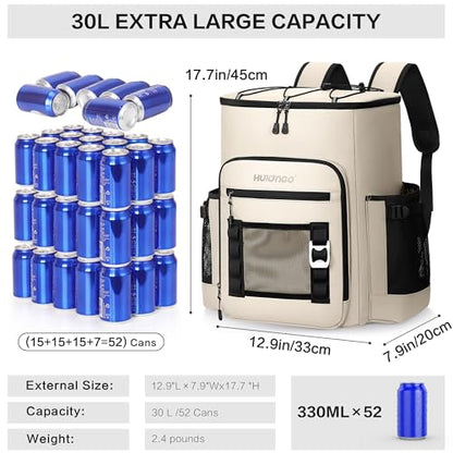 Hulongo Cooler Backpack, 30L Insulated Leakproof Soft Cooler Bag for 52 Cans, Lightweight Backpack for Beach, Picnic, Camping, Hiking, Fishing and Travel - color: Beige