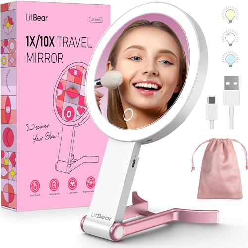 LitBear Travel Makeup Mirror with Lights, Rechargeable Double-Sided 10X/1X Magnifying Mirror, Portable Lighted Beauty Mirror, 3 Color Lighting, Dimmable Touch Screen, Tabletop Handhold Hanging (White) - color: Rose Gold