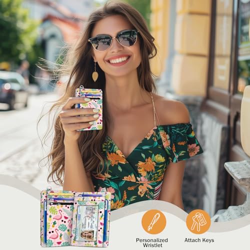 Yonlevres Flamingo Credit Card Holder Slim Wallet Women, Tropical Leaf RFID Blocking Small Wallet Woman, Front Pocket Travel Cute Thin ID Window PU Leather Mini Organizer Case Purse Gift Girls Ladies - color: Flamingo