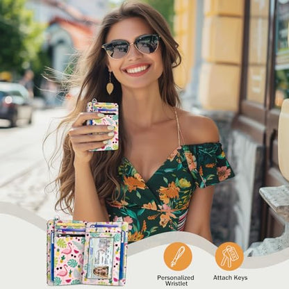 Yonlevres Flamingo Credit Card Holder Slim Wallet Women, Tropical Leaf RFID Blocking Small Wallet Woman, Front Pocket Travel Cute Thin ID Window PU Leather Mini Organizer Case Purse Gift Girls Ladies - color: Flamingo