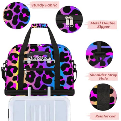Travel Duffle Bags With Shoes Compartment for Women Men Rainbow Cheetah Leopard Print Lightweigh Sports Tote Gym Bag Foldable Canvas Weekender Overnight Carry On Luggage Handle Bag - color: A05:Rainbow Cheetah Leopard