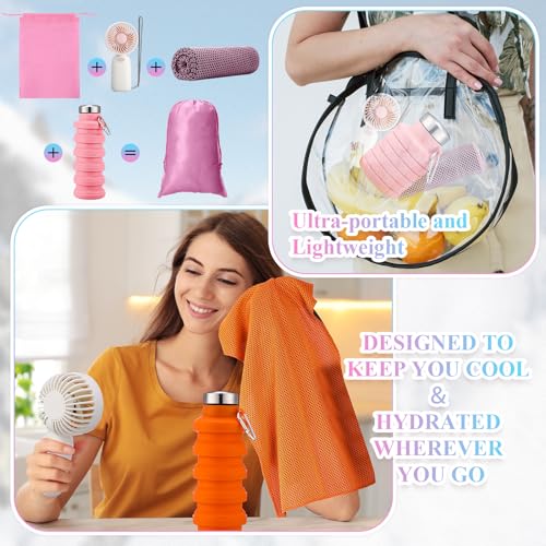 10 Set Theme Park Necessities Cruise Ship Accessory Kit Collapsible Water Bottle Cooling Towel Fan Drawstring Bag for Summer Amusement Park Outdoor Team Travel Cruise Gifts Fitness Sport Favor