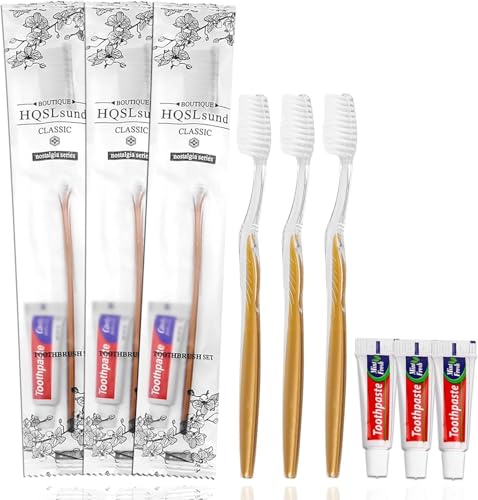 20 pcs Disposable Toothbrush with Toothpaste Bulk Individually Wrapped, Travel Toothbrush Kit, Hotel Toothbrushes Bulk for Airbnb,Shelter/Wedding/Nursing Home/Charity/Homeless, Gold - size: 1 Count (Pack of 20)