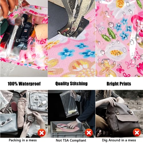 HIONXMGA TSA Approved Toiletry Bag, Set of 3 Clear Travel Toiletry Bag Quart Size Zipper Travel Pouch, Waterproof Makeup Cosmetic Bag for Women Men Kids Toiletries Carry on, Flowers - color: Flowers, Mixed Sizes