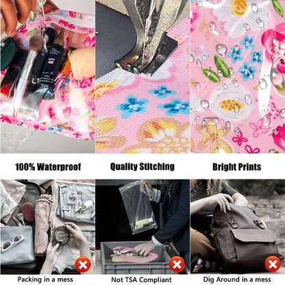 HIONXMGA TSA Approved Toiletry Bag, Set of 3 Clear Travel Toiletry Bag Quart Size Zipper Travel Pouch, Waterproof Makeup Cosmetic Bag for Women Men Kids Toiletries Carry on, Flowers - color: Flowers, Mixed Sizes
