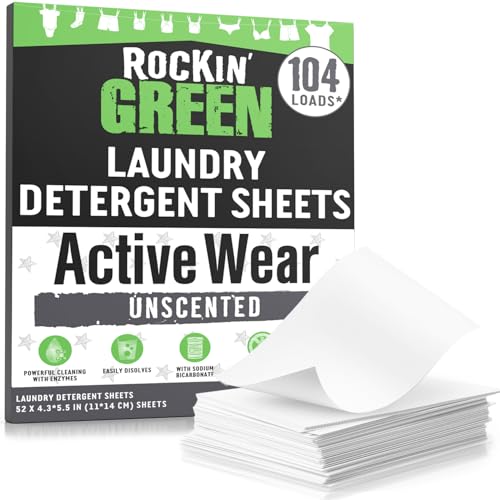 Rockin' Green Active Wear Travel Laundry Detergent Sheets Unscented - Mess-Free Laundry Sheets Detergent with Sodium Bicarbonate - Easily Dissolvable Laundry Soap for Traveling (104 Loads) - size: 104 Loads