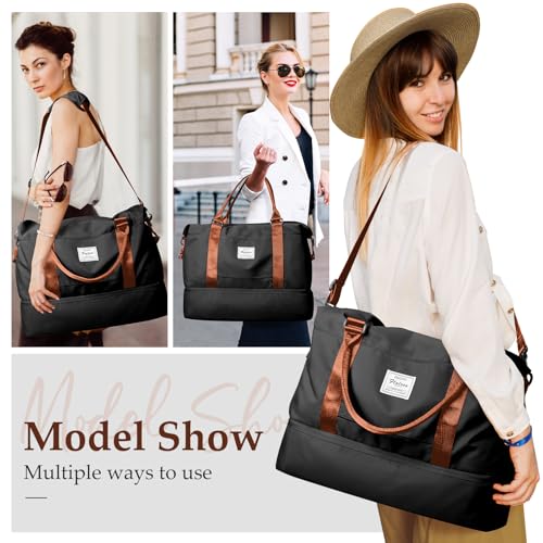 Weekender Bags for Women,Travel Duffle Overnight Bag with Shoe Compartment,Personal Item Carry On Bag,Black & Brown,Large,3 Pcs Set - color: B-BlackBrown-3PCS-4051, size: Large