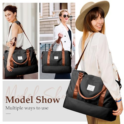 Weekender Bags for Women,Travel Duffle Overnight Bag with Shoe Compartment,Personal Item Carry On Bag,Black & Brown,Large,3 Pcs Set - color: B-BlackBrown-3PCS-4051, size: Large