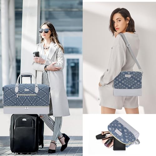 ITIEZY Weekender Overnight Bag for Women - Large Travel Duffel Bag with Shoe Compartment, Gym Duffel Bag Hospital Bag Carry On Tote Bags for Airplanes with Crossbody Bag Toiletry Bag 3Pcs Set - color: 8a-Light blue