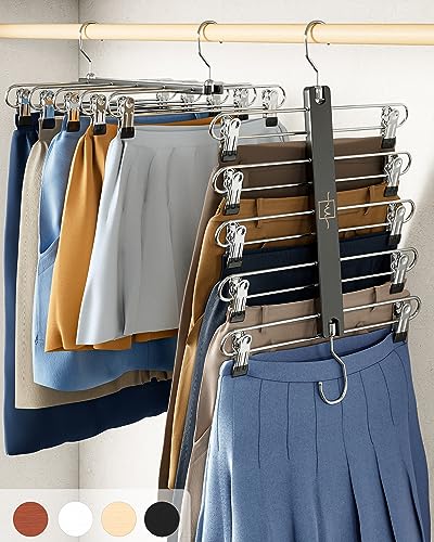 MORALVE Skirt Hangers Space Saving with Clips - 2 Pack - European Beechwood 5-Tier Hanger for Shorts, Skirts, and Pants - Closet Organizer and Storage Solution for Women with 360° Swivel Hook - color: Black